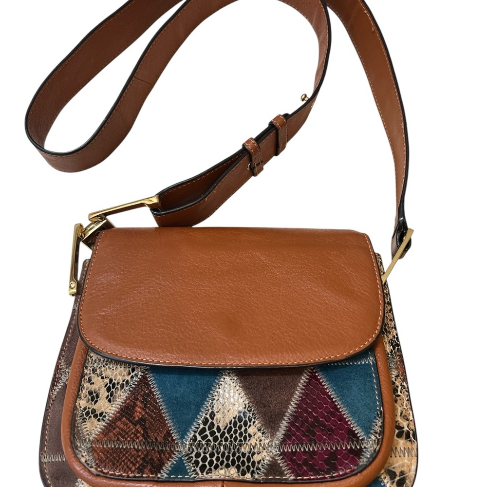 Sam Edelman Genuine Leather Patchwork Boho Crossbody Purse Brown Gold Hardware - Picture 7 of 15